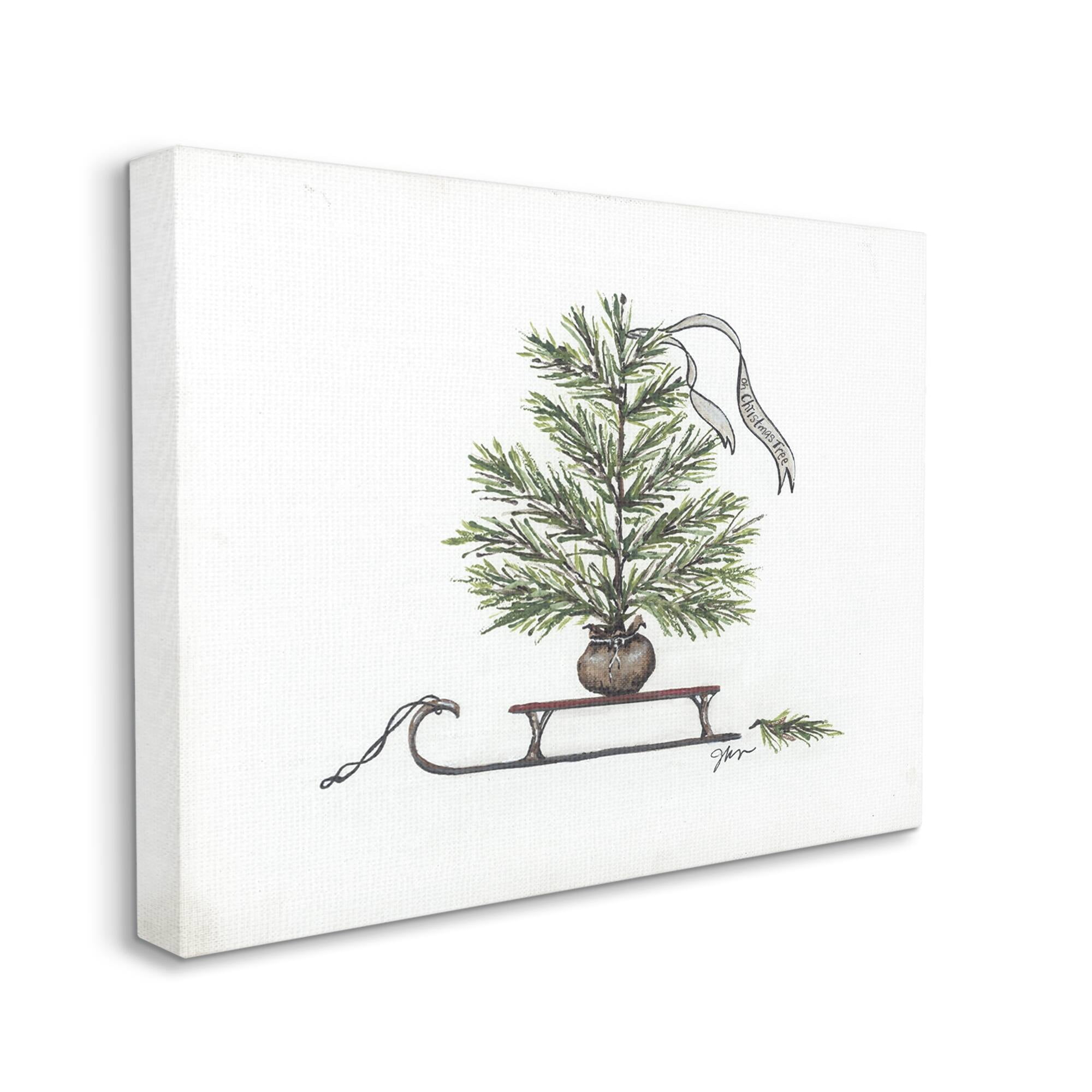 Endearing Christmas Fir Tree Sleigh Festive Ribbon Botanical & Floral Painting Gallery-Wrapped Canvas Print Wall Art