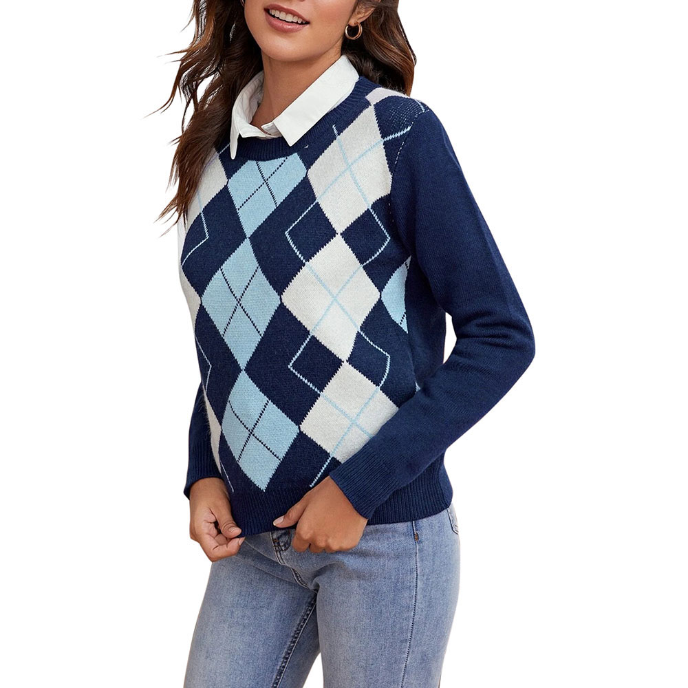 Coutgo Women's Autumn Diamond Pattern Round Neck Sweater Girl Long Sleeve  Top - Walmart.com