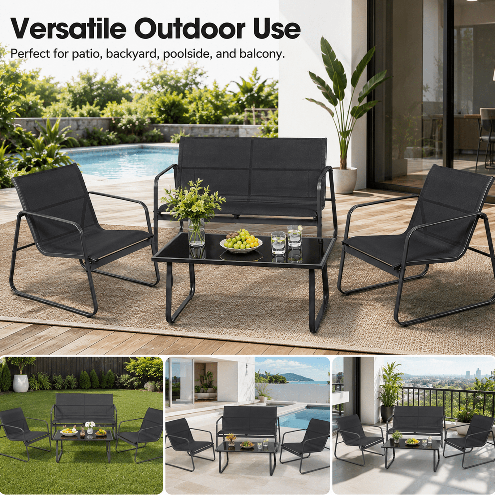 Alvantor 4-Piece Patio Conversation Set with Glass Table, Loveseat, and Chairs