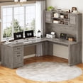 thumbnail image 7 of Farmhouse L Shaped Desk with Hutch and 3 Drawers, 68.9" Executive Office Desk with Power Outlet Open Shelves, Elegant Corner Desk Computer Desk with Storage Shelves for Home Office, Grey, 7 of 7