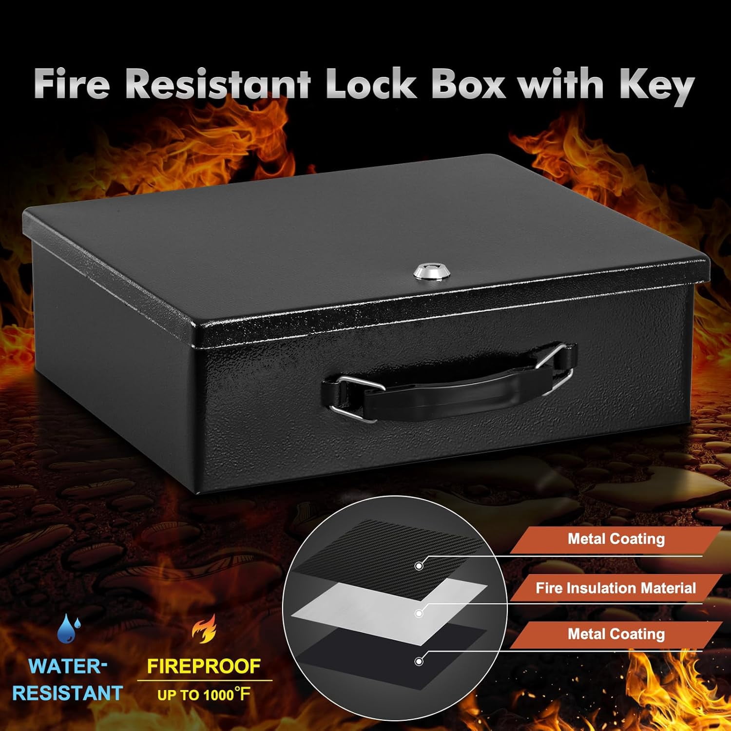 Fireproof Document Box with Key Lock, Safe Storage Box for Valuables, Fire Resistance Security, Fireproof Lock Box for Passport, Cash, Tablet 13.2'' x 11'' x 4.13'' Beige
