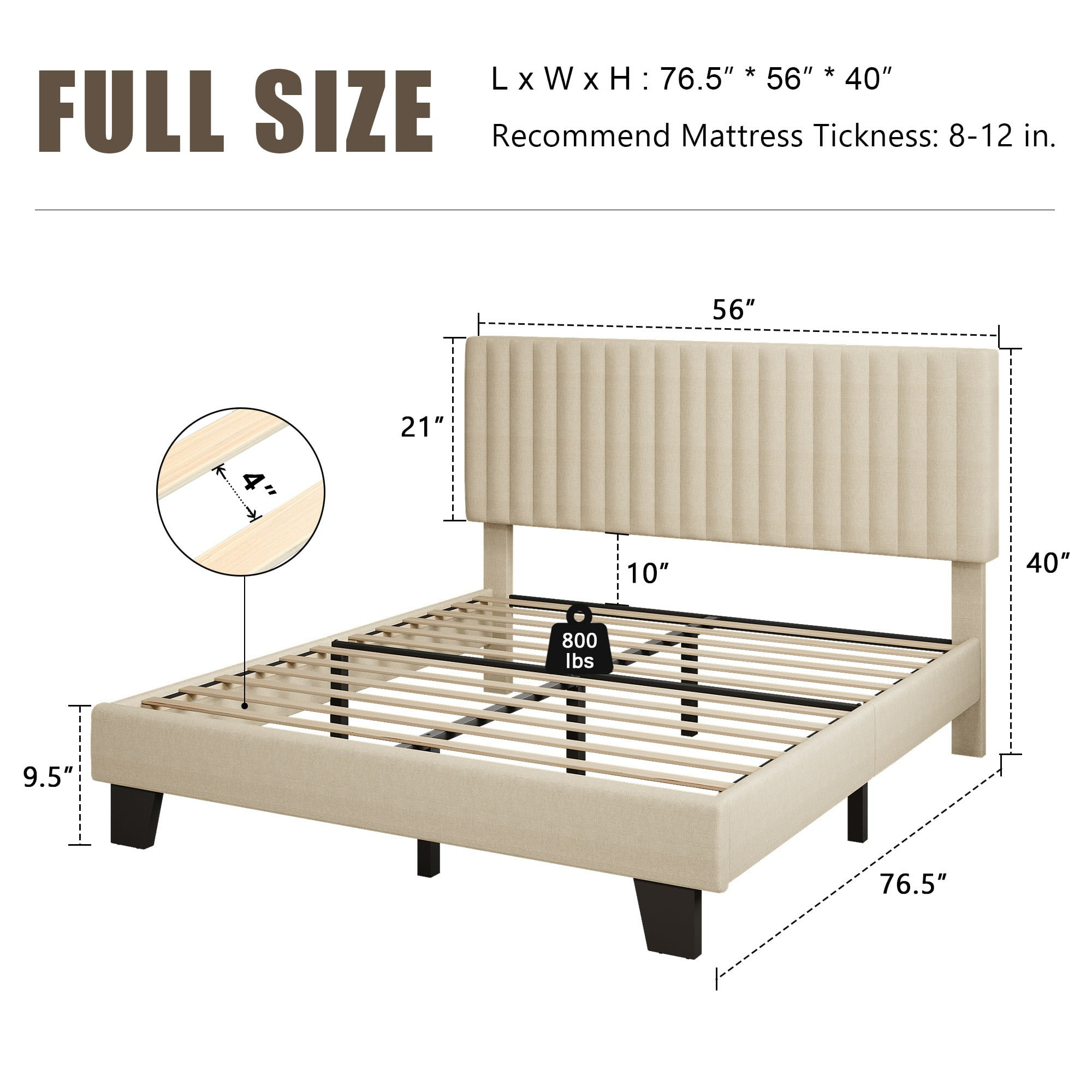 Virans Full Size Bed Frame, Upholstered Linen Platform Bed frame with Fabric Headboard,Solid Wood Slats Support,Noise Free,No Box Spring,Easy Assembly,Beige