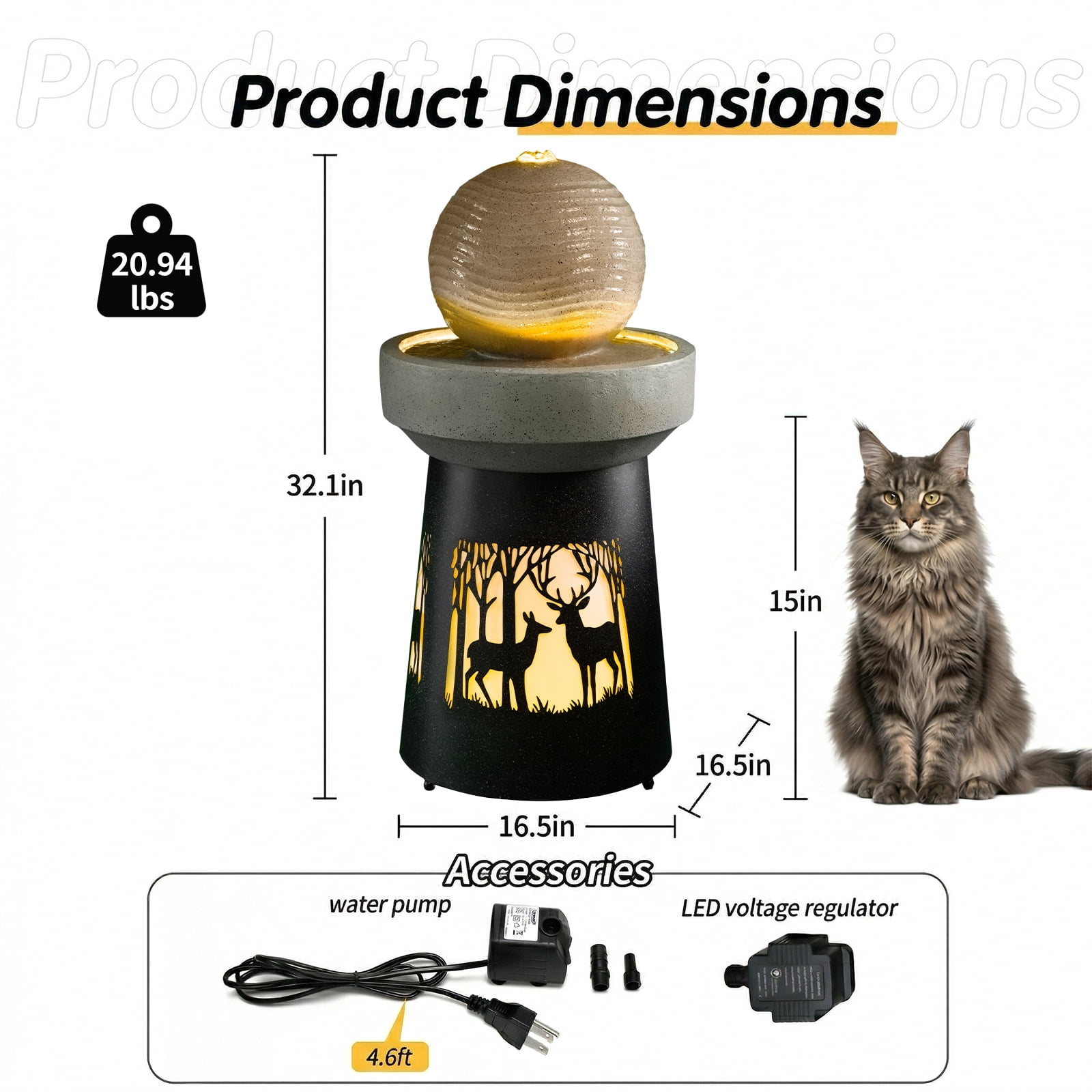 Mintazer 32.1" Modern Spherical Water Fountain with LED Lights, Outdoor Garden Fountain with Leaf Silhouette Base for Patio Yard Porch Landscape
