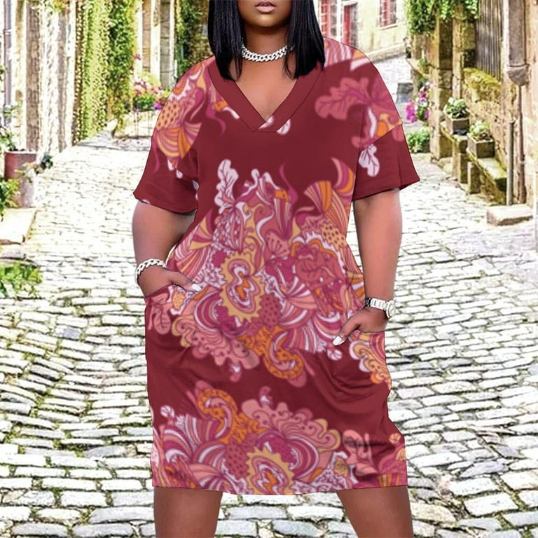 Abstract Floral Maroon Pattern Design Women's Loose Short Sleeve Dress  Casual Summer Plus Size Long Dresses with Pockets - Walmart.com