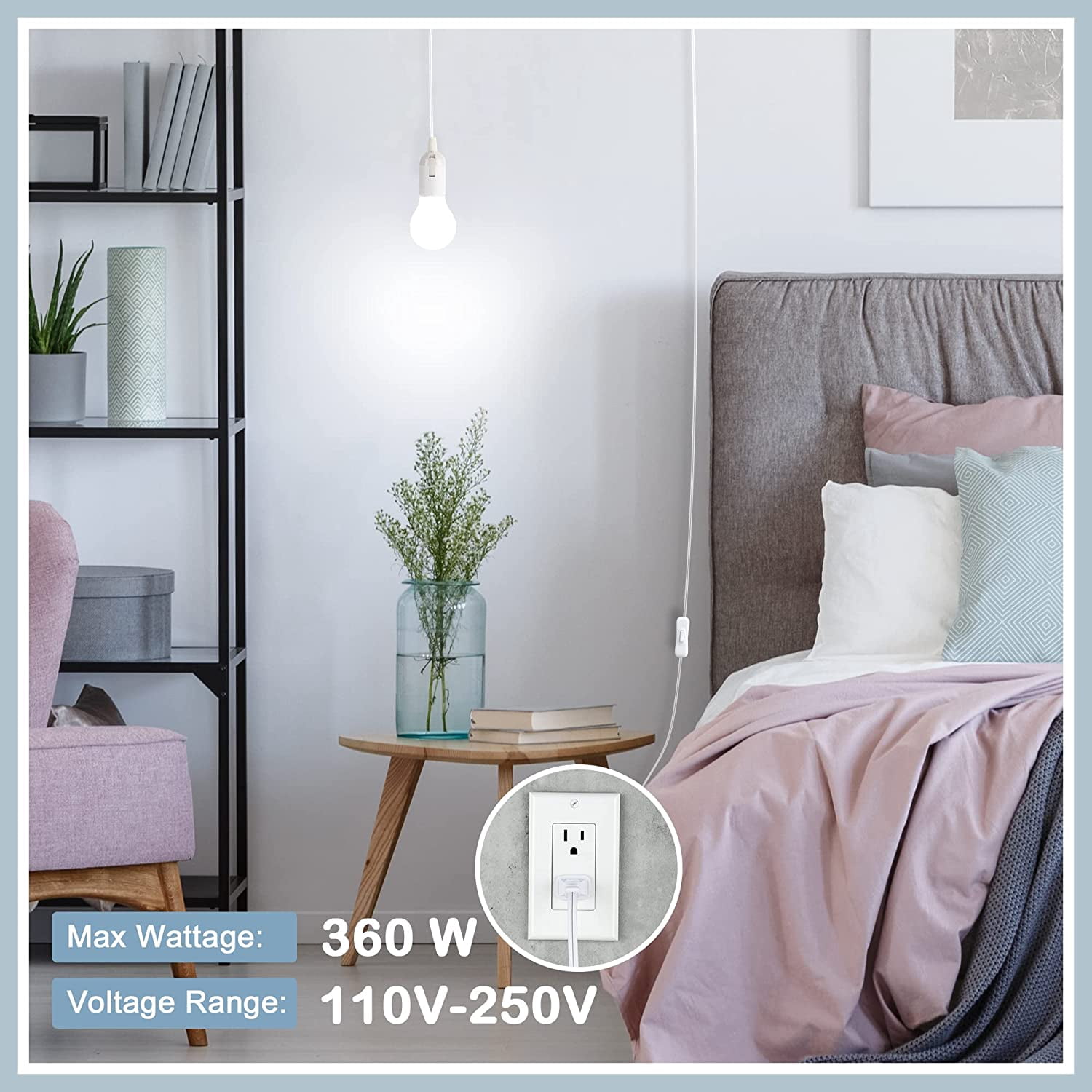 Extension Hanging Lantern Cord Cable 2-Pack 15Ft UL 360W with E26 E27 Socket On/Off Button Pendant Lighting