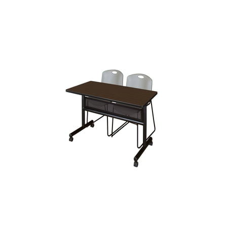 Regency Kobe 48 x 24 in. Flip-Top Privacy Nesting Table- Neo Walnut 2 Zeng Stack Chairs- Grey