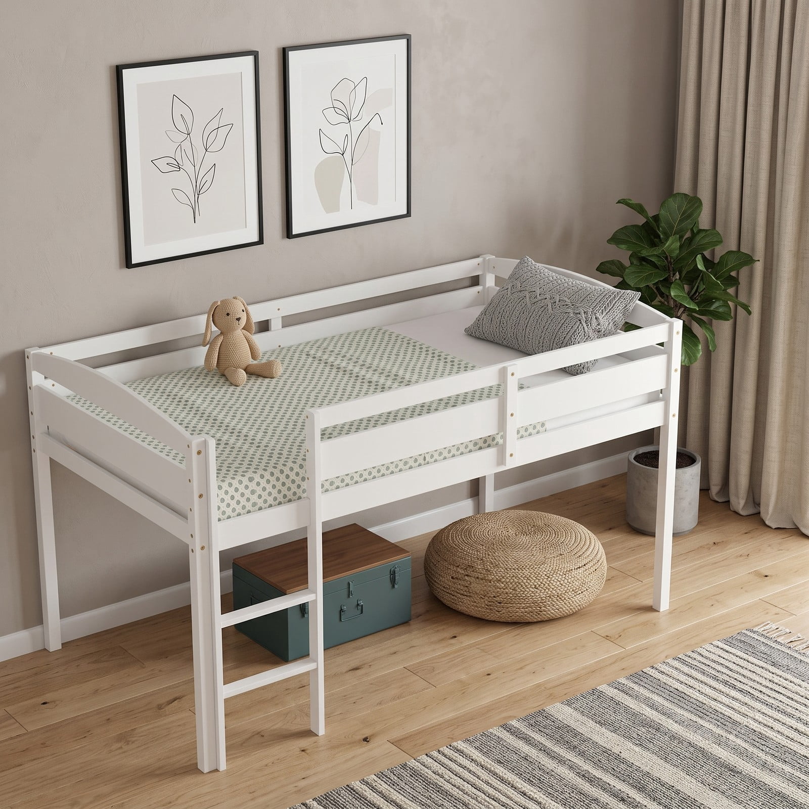 Furnibear Twin Low Loft Bed with Guardrail and Ladder Solid Wood Frame with Open Under-bed Storage Space for Kids, White
