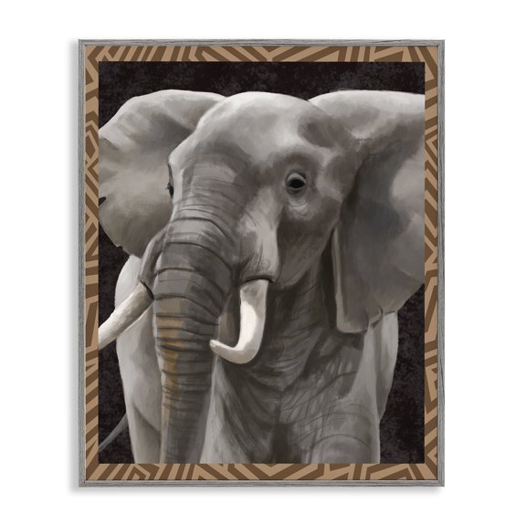 Stupell Industries Bohemian Elephant with Geometric Border Gray Framed Giclee Art, 11 x 14, by Lucca Sheppard