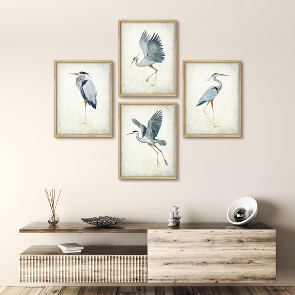 PixonSign Framed Wall Art Watercolor Heron Bird Collection Posters, Set of 4 Elegant Herons in Various Poses Illustrations Wall Decor, Adhesive Canvas Prints for Home Decor - 12"x16" Natural
