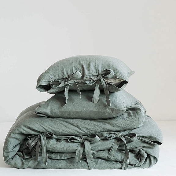 Simple&Opulence 100% Linen Duvet Cover Set, 3 Piece Belgian Flax Breathable Bedding, King Size 104''x92'' (1 Comforter Cover+2 Pillowshams) with Tie Closure Style,Greyish-Green