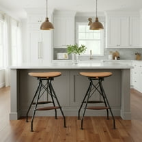 Industrial Metal Barstool with Faux Leather Seat Pad and Wood Accented Foot Rest, 24 Inch Seat Height, Black, Set of 2