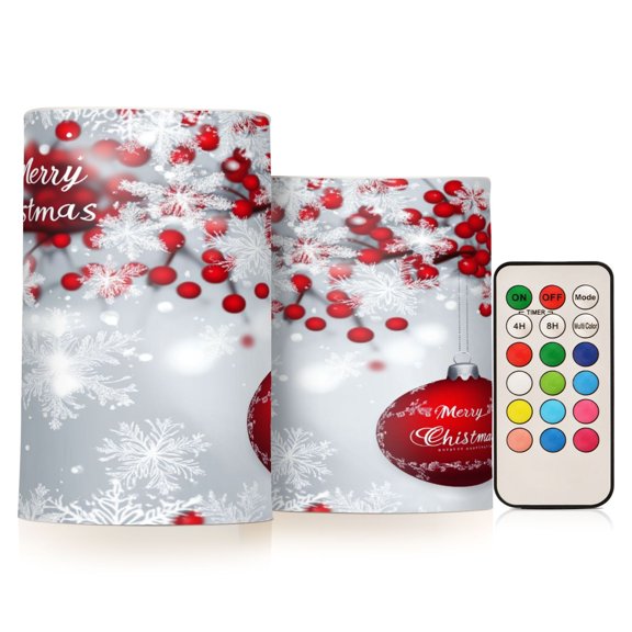 2 PCS Flameless Candles with Remote Timer LED Battery Operated Flickering Candle Light for Wedding Table Home Decoration Gifts Red Berries and Ornament