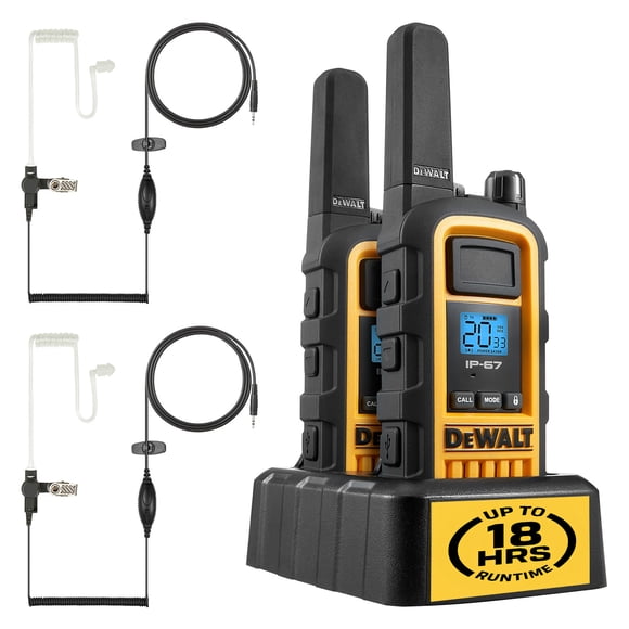 DeWalt DXFRS800 Heavy-Duty Walkie Talkies with Earpieces & Charging Dock (2 Radios) - 2W Rechargeable Long Range Two-Way Radios, Waterproof