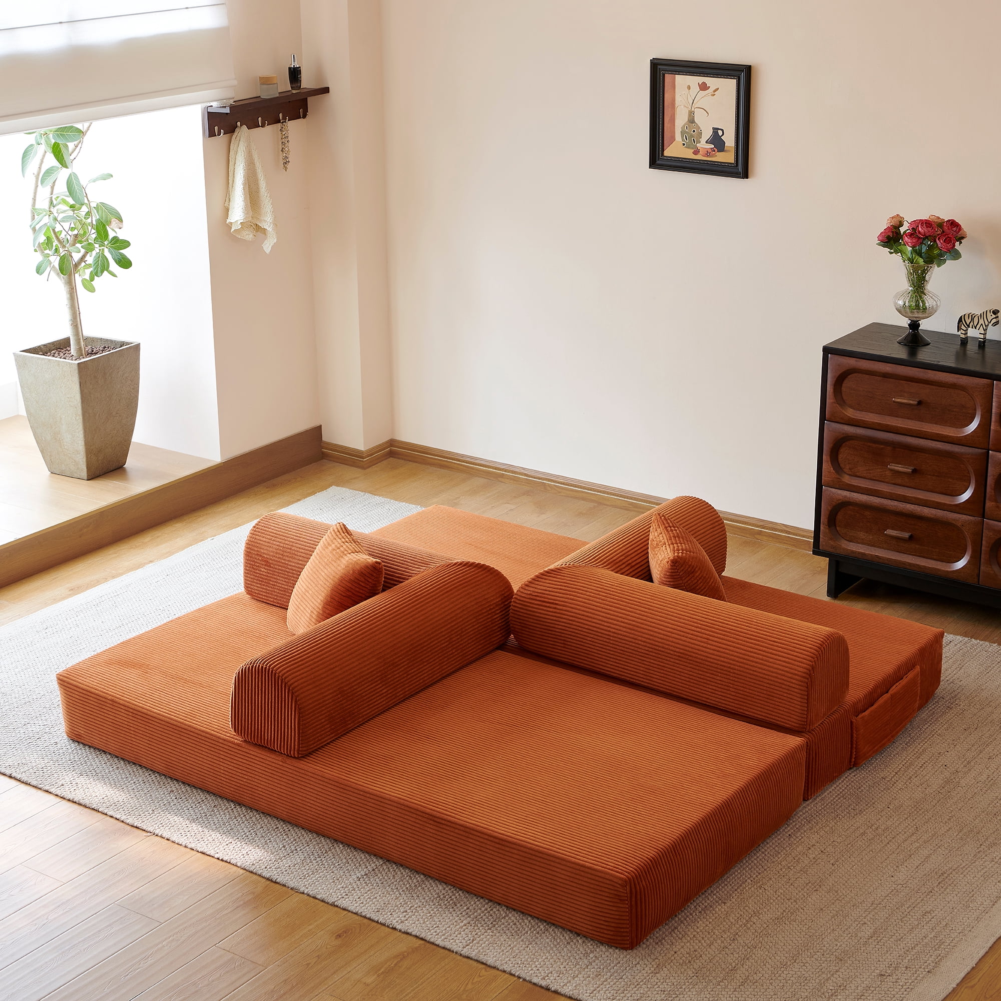 Howcool 79" Boneless Sleeper Sofa Bed, 2-in-1 Pull Out Convertible Loveseat Couch with 2 Throw Pillows, Corduroy Futon Floor Sofa for Living Room, No Assembly Required, Tangerine