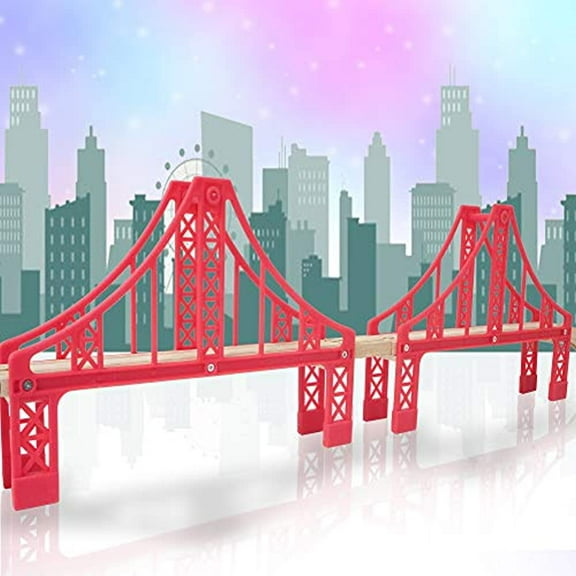 Double Suspension Bridge - Deluxe Wooden Toy Accessories for Kids Toddler Boys Girls - Compatible with Thomas Trains Railway, Brio Tracks, and Major Brands. 2X Red Bridges