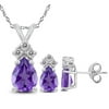 Genuine 2.18 Ctw Natural 7x5mm Pear Shaped Amethyst With White Topaz Necklace & Earrings Set In 925 Sterling Silver.