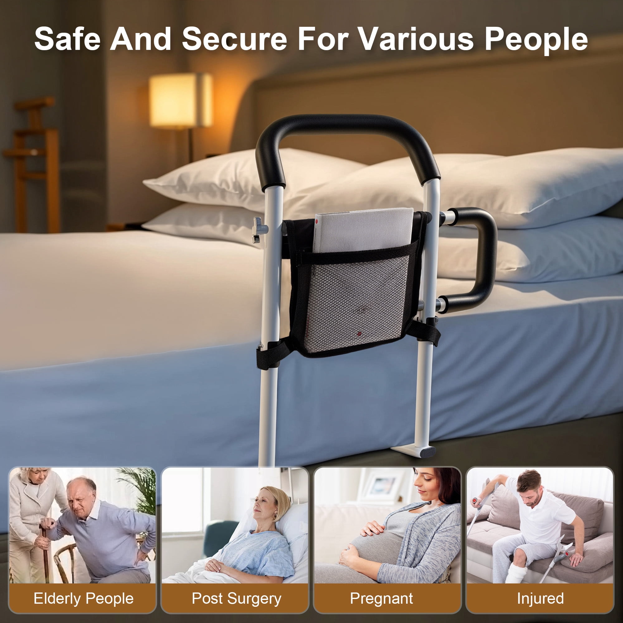 ALLJOY Bed Rails for Elderly Adults Safety- Bed Assist Rail for Seniors with Double Grab Bars, Light, Storage Bag & Fixing Strap, Fits Most Beds