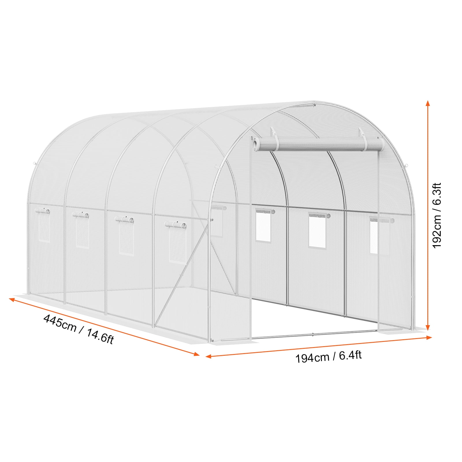 KFFKFF Walk-in Tunnel Greenhouse, 15x7x7 ft, Featuring a Durable Galvanized Steel Frame and White PE Covering, Equipped with a Roll-up Zipper Door and 8 Ventilation Windows