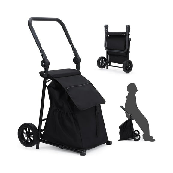 2 in 1 Grocery Cart with Seat, Home Foldable Shopping Cart, 2 Wheels Grocery Cart with 123 L Large Capacity Waterproof Bag, Portable Trolley Dolly Utility Cart, Black, 132 LBS Load Capacity