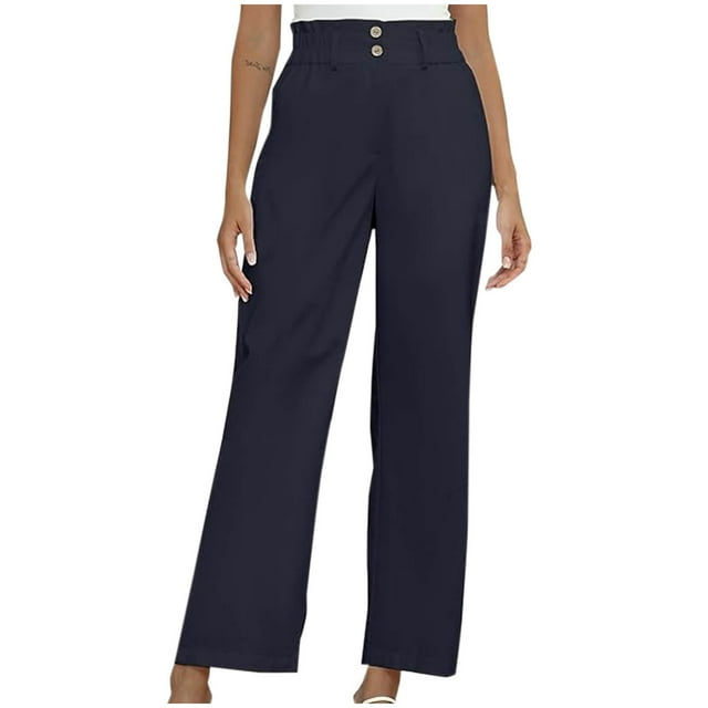 Timegard Lounge Pants for Women Elastic Waisted Button Straight Leg Ruched Casual Trousers with Pockets