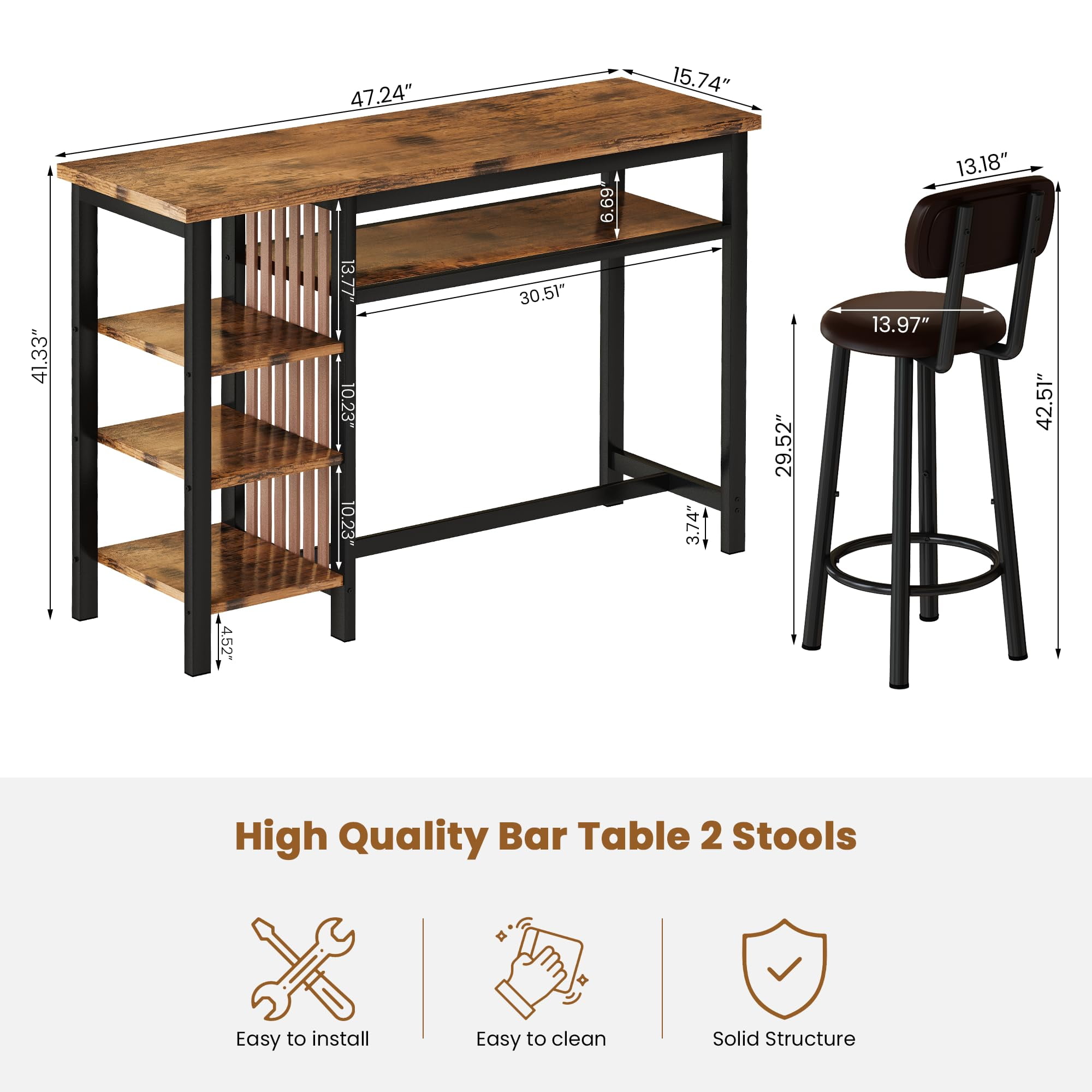 Lamerge Bar Dining Table Set for 2, 3 Piece Bar Table and Chairs Set, Kitchen Counter Height Dining Table Set, Small Kitchen Bar Table with Storage, Breakfast Nook Set for Small Space, Rustic Brown