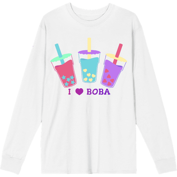 I Love Boba Adult White Crew Neck Long Sleee Tee-Medium
