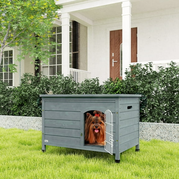 Pawhut 31.5"L Wooden Dog House Outdoor, Small Animal House, Dark Gray
