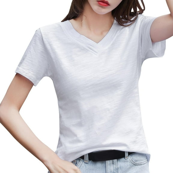 yillto Womens V Neck Shirts Cotton Short Sleeve Plain Tunic Tops Basic Summer Tshirts Clothes
