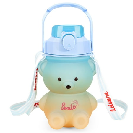 

HRSR Water Bottle Gradient Bear Pattern with Straw and Backing Strap Large Capacity(Gradient Blue)