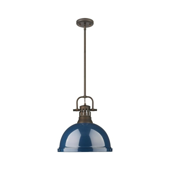 Yep by Golden Lighting Duncan 1-light 14in Rod Hung Pendant in Rubbed Bronze and Navy Blue shade