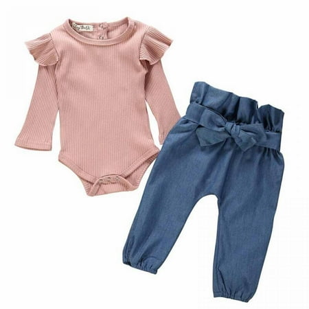 

Final Clearance! New 2Pcs Kids Girl Sets Autumn Long Sleeve Solid Romper Tops Denim Trousers Outfits Clothes Adorable Girl Romper Sets