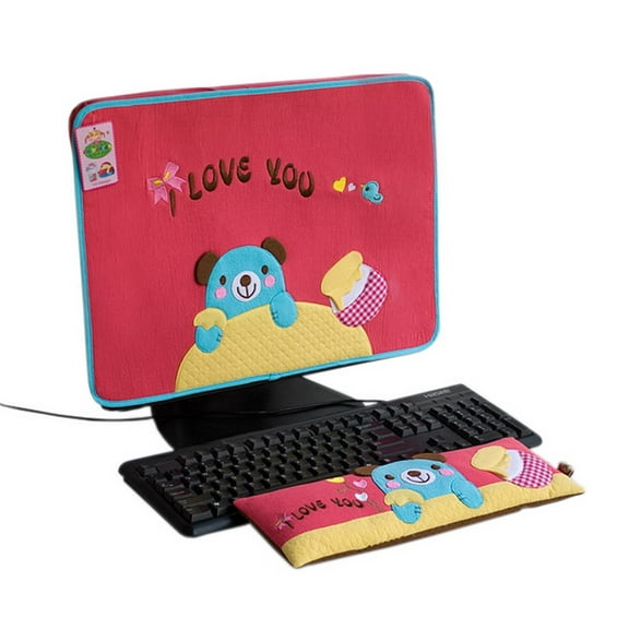 [Blue Bear-Red] Embroidered Applique Fabric Art 17 inch Monitor Screen Cover & Wrist Rest Pad