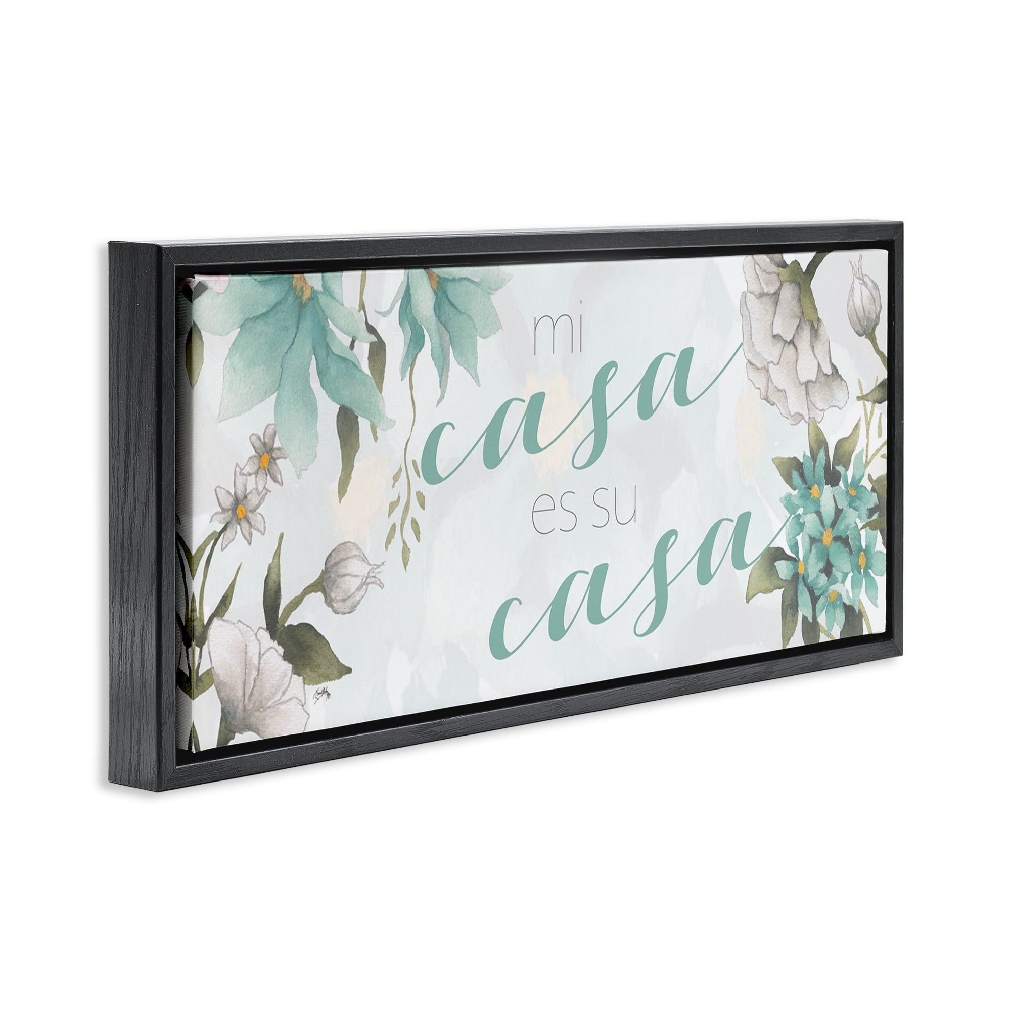 Stupell Industries Mi Casa Su Casa Flores Inspirational Quotes & Sayings Painting Black Floater Framed Art Print Wall Art, 25 x 11