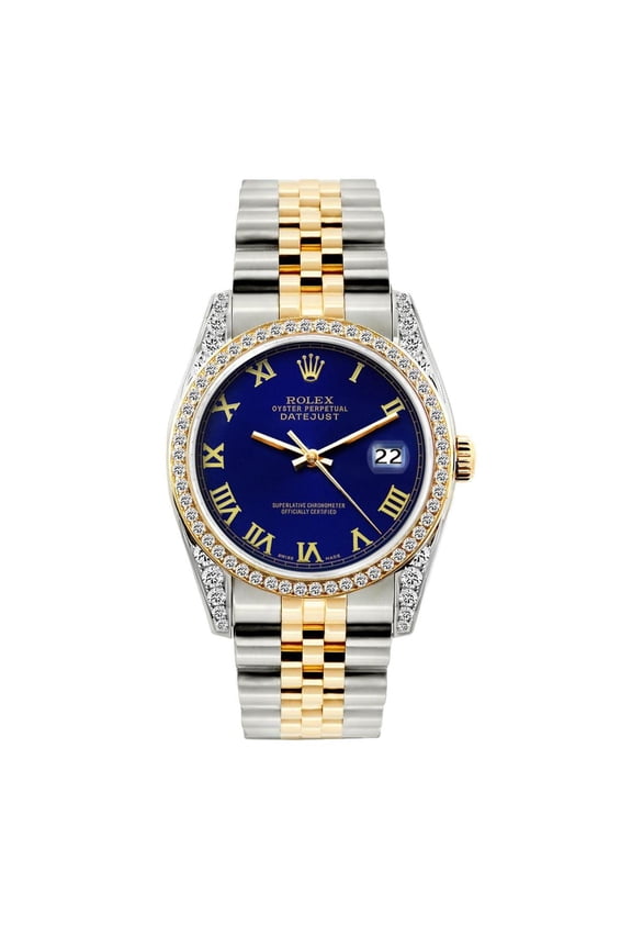 Pre-Owned Rolex Datejust 36MM 16233 Blue Diamond Dial Diamond Bezel Two Tone Yellow Gold Jubilee Bracelet 1.2ct