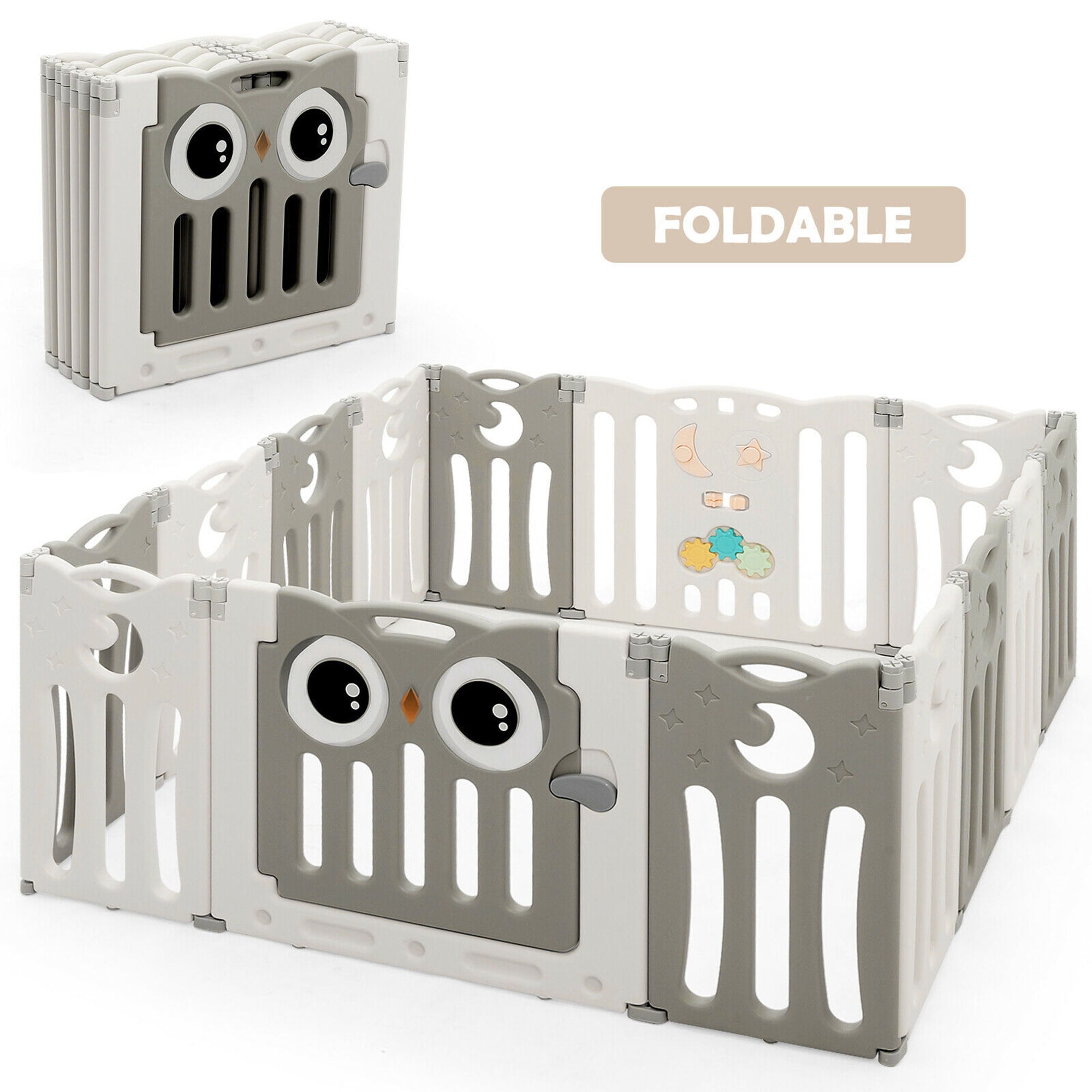Gymax 14-Panel Baby Playpen Foldable Play Yard Kids Activity Center with Lock Door, Beige