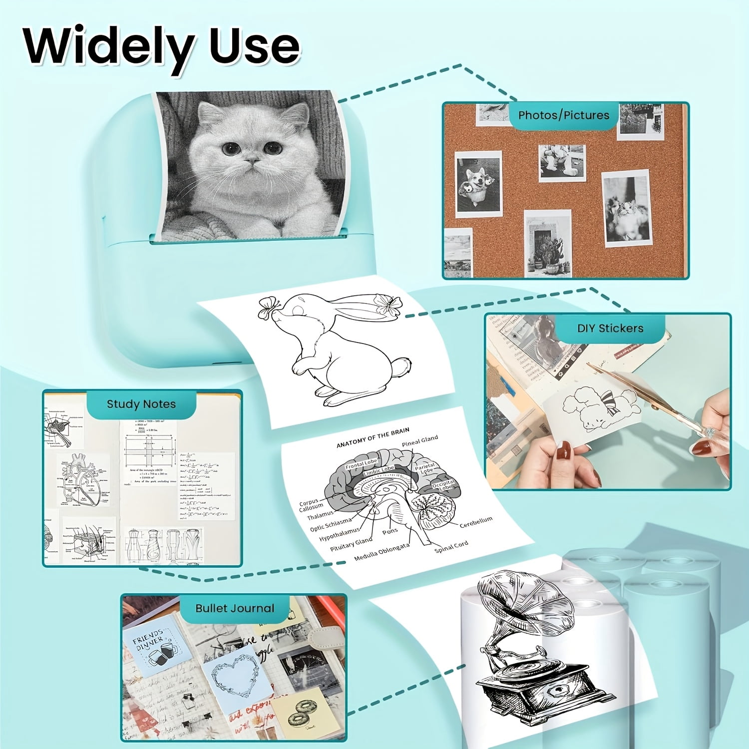 M02L Portable Printer, Wireless Mini Sticker Printer with 1/3/6 Rolls of Thermal Paper, Thermal Mini Printer, Portable Note Taking, Diary, Memo, Photo Learning Work with Smartphone