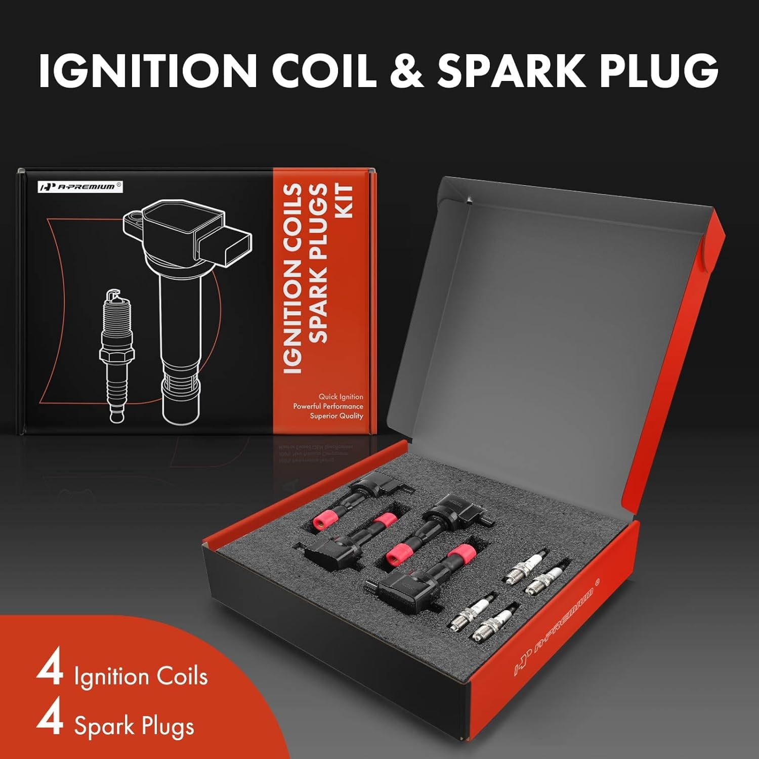 A-Premium Set of 4 Ignition Coil Pack and Iridium Spark Plugs Compatible with Honda Fit 2007-2008 1.5L, Replace# 30520-PWC-003, NGK94279