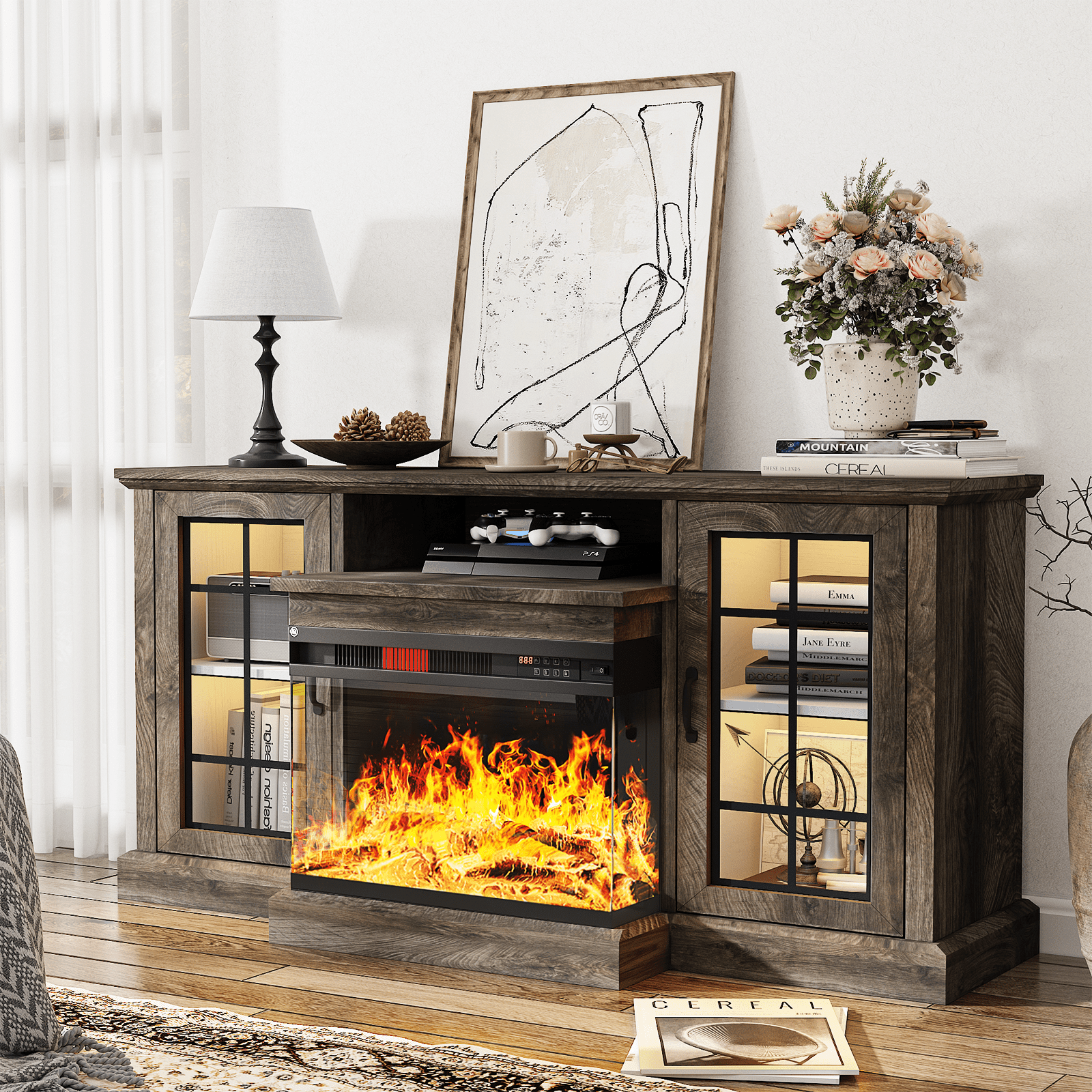Easoger Fireplace TV Stand for TVs up to 65", 12 Flame Colors&12 LED Light Colors, TV Console with 3-Sided Glass Fireplace, for Living Room, Gray