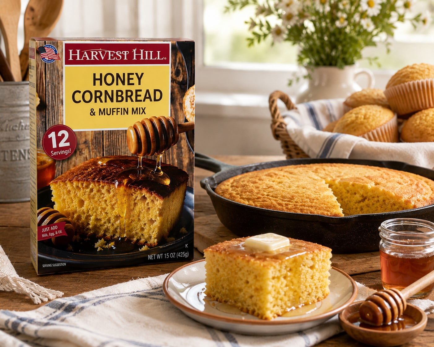 Harvest Hill Honey Cornbread & Muffin Mix, 2-Pack, 15 oz Each Box, Makes Up to 12 Servings per Box, Sweet Honey Flavor, Easy Bake Mix