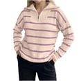 thumbnail image 6 of Womens Knit Tops Striped Quarter Zipper Long Sleeve Fashion Casual Pullover Sweaters for Daily Wear Purple S, 6 of 7