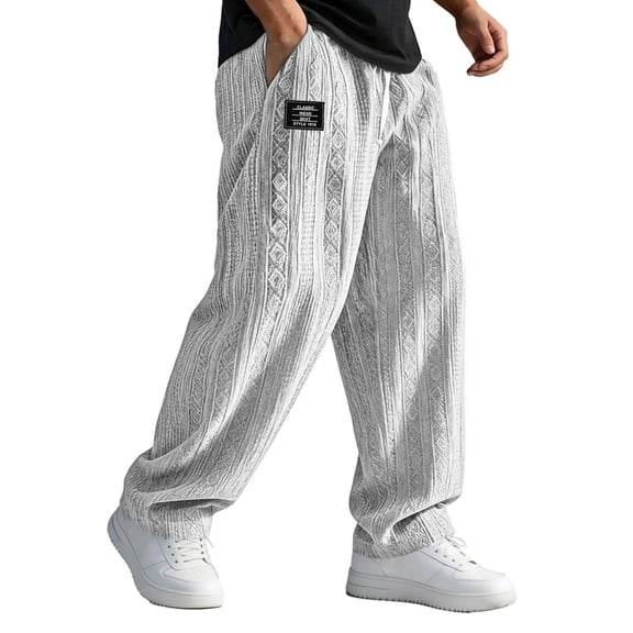 GrmtClth Mens Summer Beach Trousers Baggy Jacquard Texture Embroidered Craft Casual Pants Lightweight Breathable Vacation Wear White M