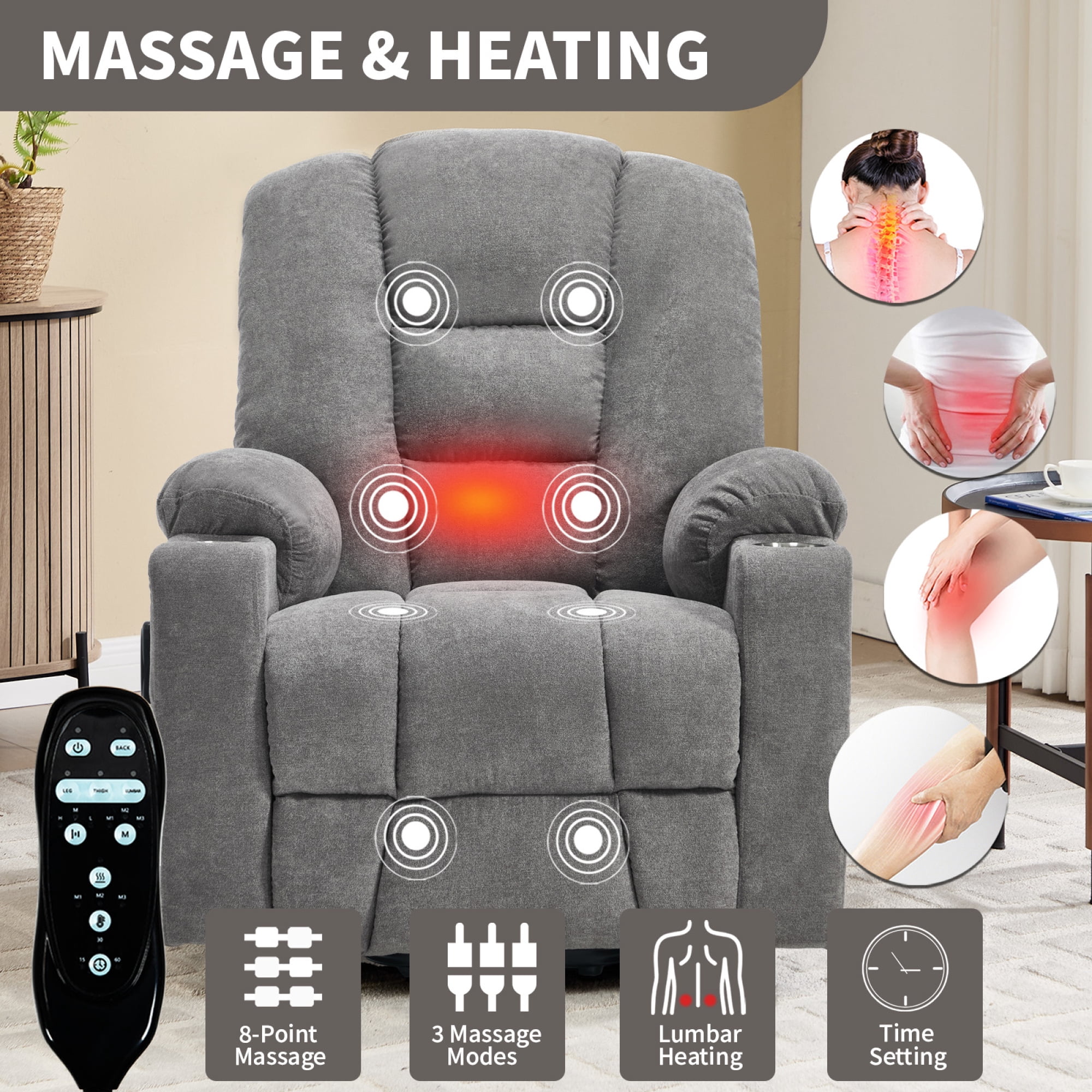 Leumius Large Power Lift Recliner Chair for Elderly,Heavy Duty Recliners with Vibration Massage and Lumbar Heating,Single Sofa with USB and Type C Ports, 2 Steel Cup Holders,Light Gray
