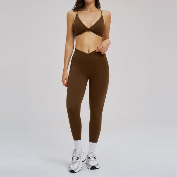 PISONIC Workout Sets for Women 2 Piece Yoga Outfits Twist Front Halter Sports Bras High Waisted Crossover Leggings Exercise Gym Sets