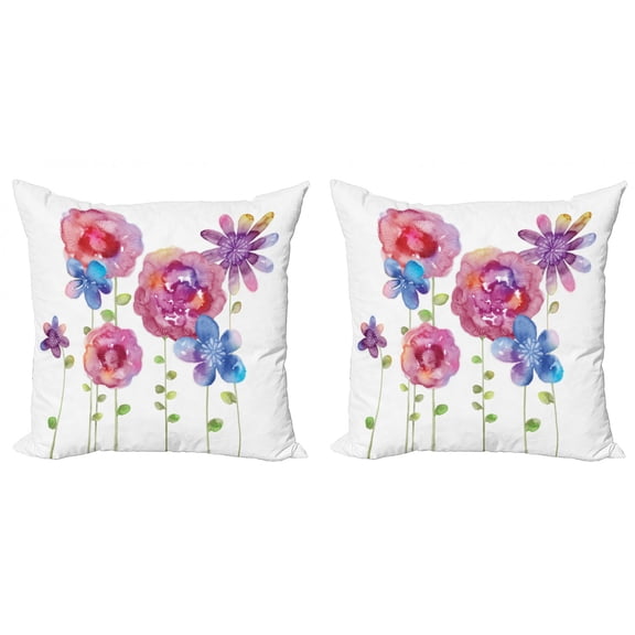 Ambesonne Flower Throw Pillow Cover 2 Pack, Bohemian Pink Blossom, 24", Pink Purple Blue