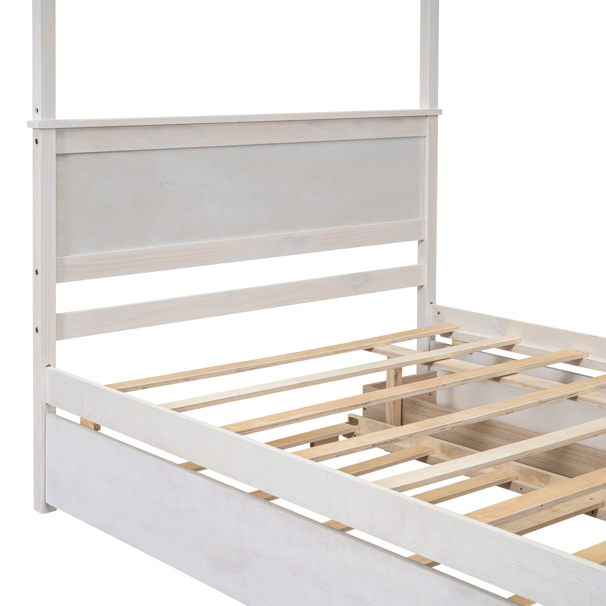 Aukfa Full Size Canopy Bed Frame with Trundle and 2 Storage Drawers, Wood Platform Bed with Headboard - White