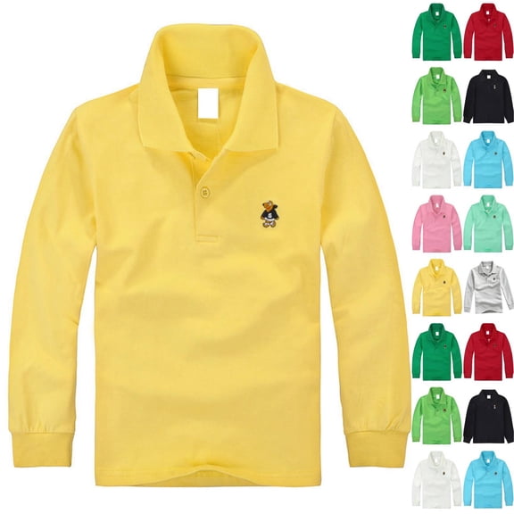 Boys Girls Long Sleeve Pique Polo Shirts Kids School Uniform Shirts | For 5-14 Years,Loose Fitting,Button Yellow 150