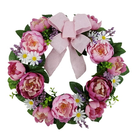 Mainstays 20in Outdoor Artificial Peony Wreath, Pink Color. Polyester.