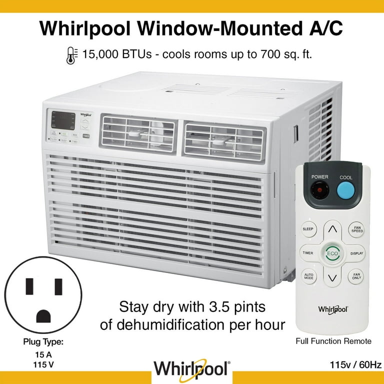 Whirlpool 15,000 BTU 115V Window AC w/ Remote Control for Rooms up to 700  Sq. Ft. LCD Display Auto-Restart Timer White WHAW151BW - The Home Depot