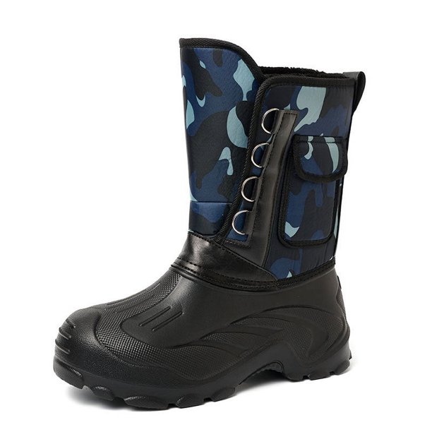 Botas de nieve de algodón acolchado de terciopelo de invierno para hombre, botas de nieve cruzadas, cinturón impermeable, clavos de acero, zapatos de pesca cálidos y fríos