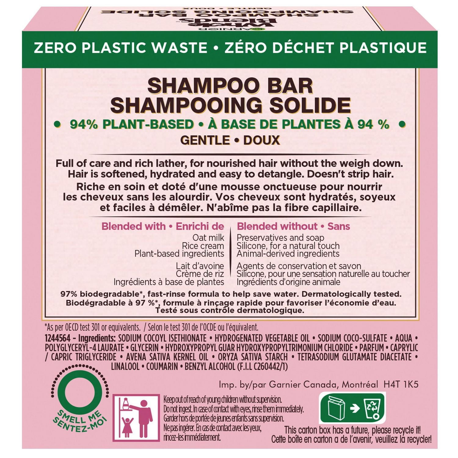 Garnier Whole Blends Shampooing Solide doux Délicatesse d'avoine pour cheveux fragiles, Emballage zéro plastique, sans agents de conservation, sans silicone, sans savon ni pigments, avec crème de riz